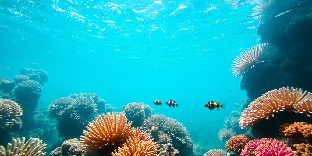 Colorful coral reefs with vibrant fish swimming in clear water.