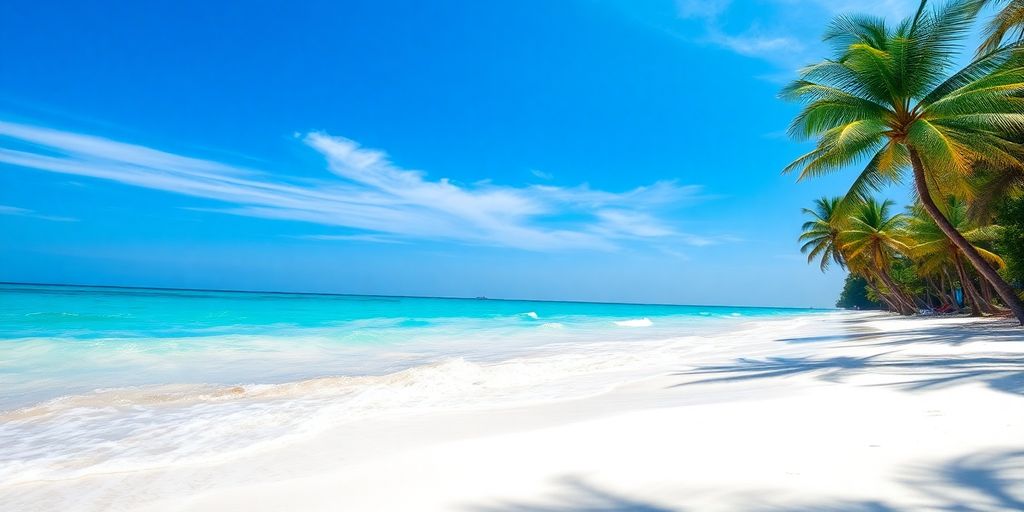 Tropical beach with clear water and palm trees.