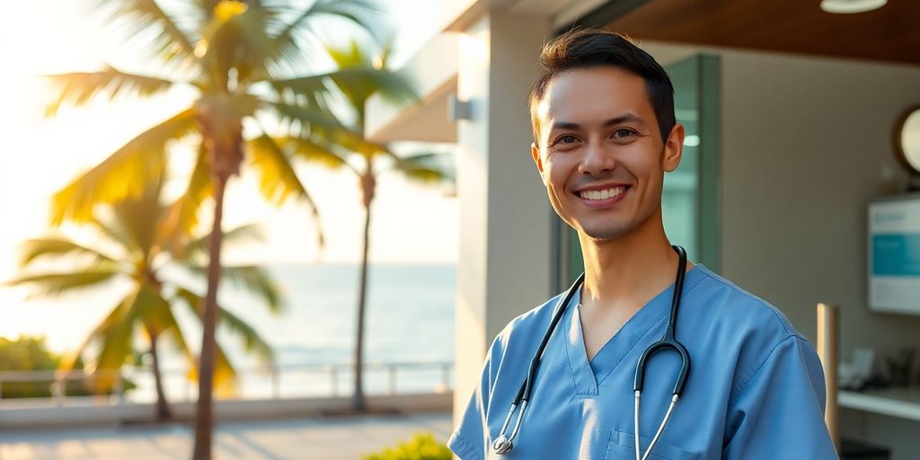 Medical professional, patient, clinic, Koh Samui, tropical setting.