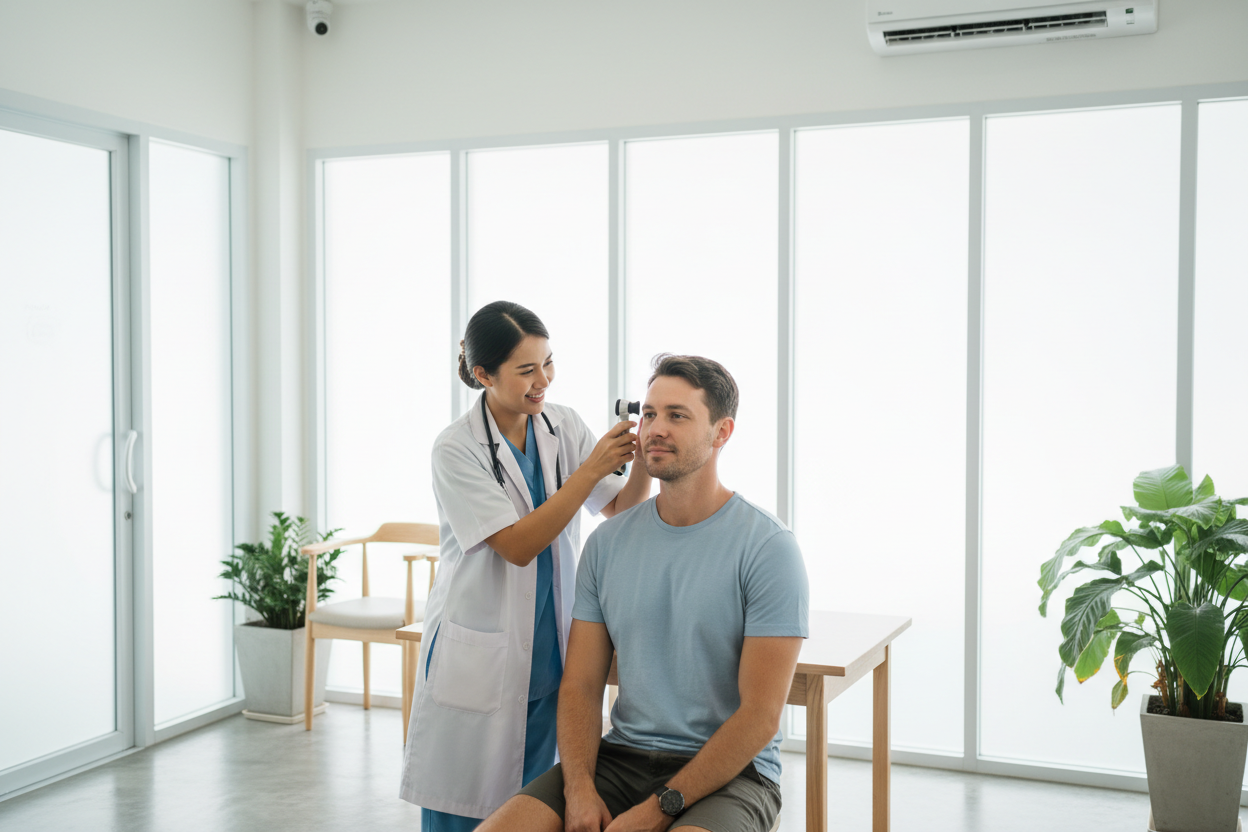 Doctor examining the ear for swimmer's ear in Koh Samui