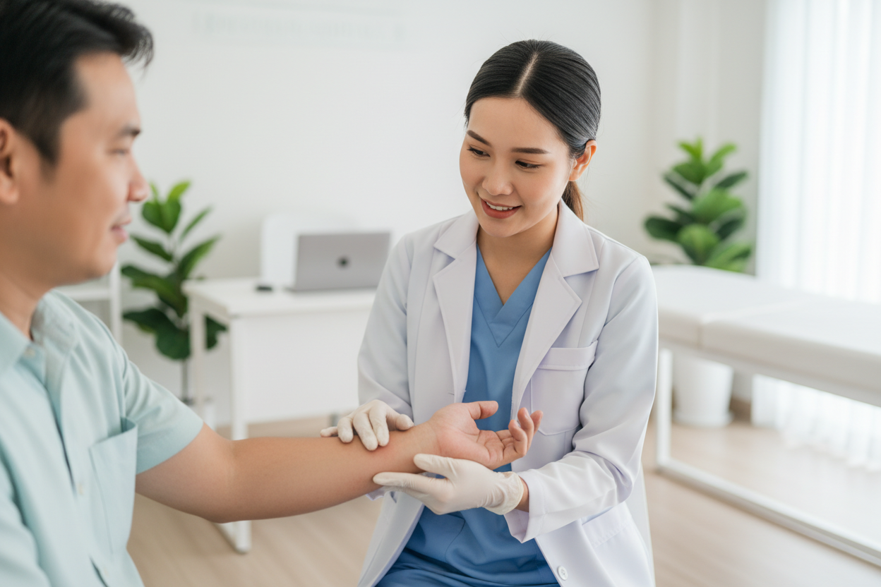 Doctor examining a skin rash at a Koh Samui clinic