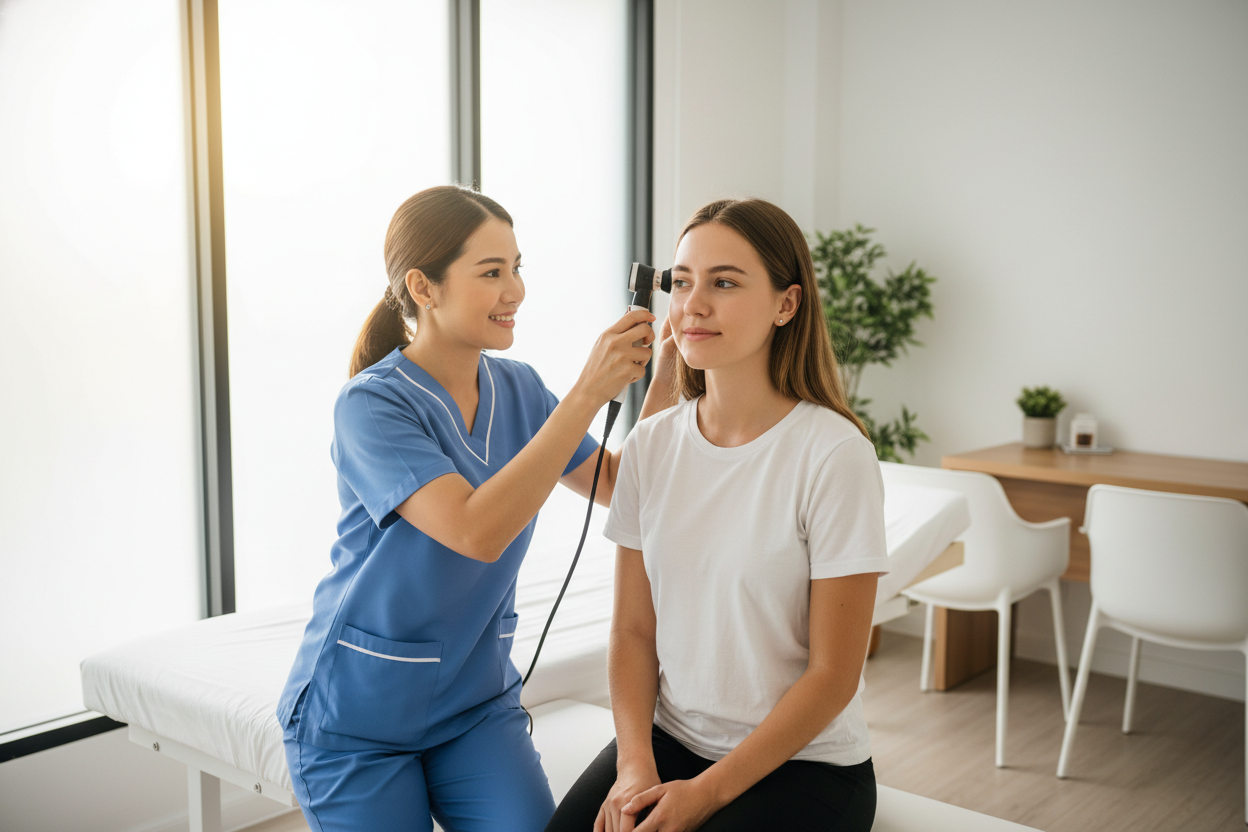 Doctor examining an ear infection at a Koh Samui clinic